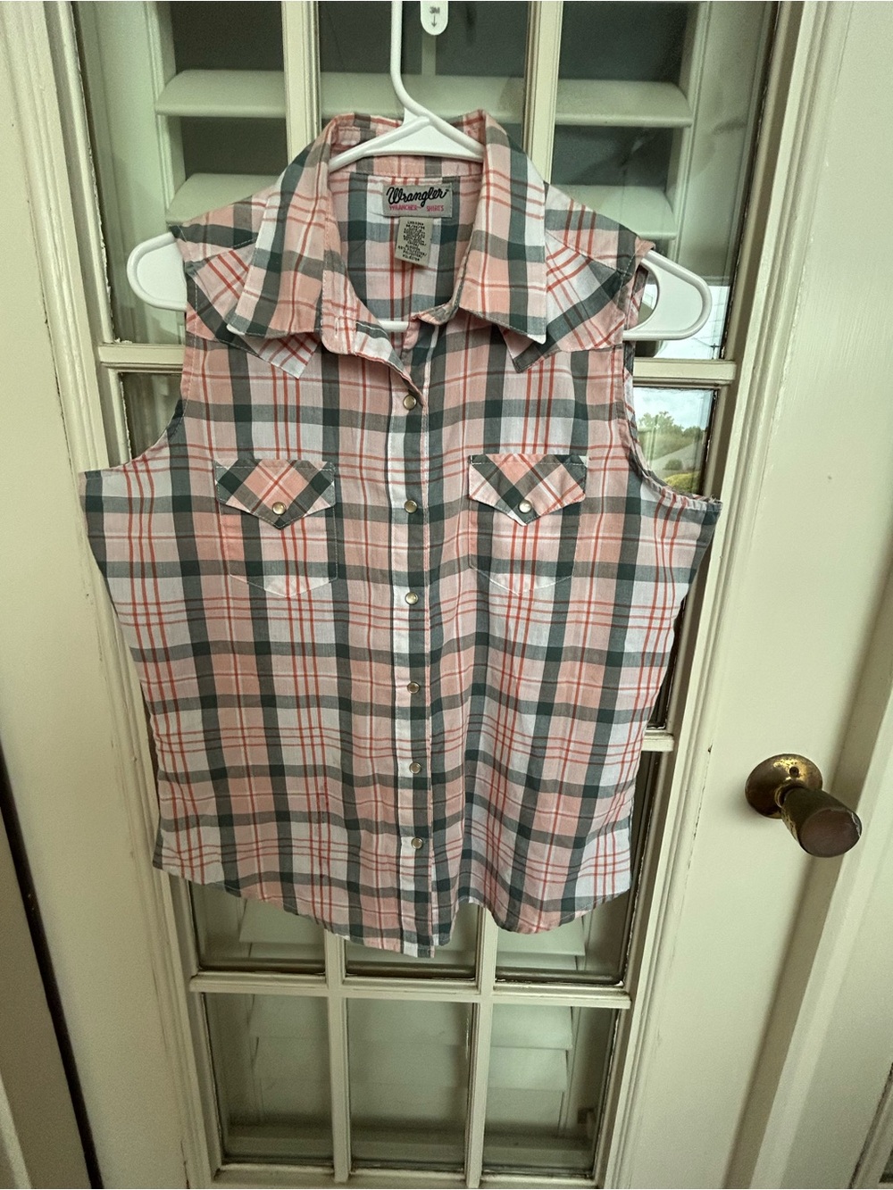 Wrangler Pink and Gray Plaid Sleeveless Button-Down Top